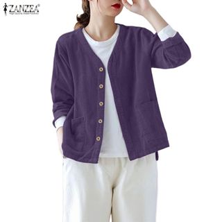 แจ็คเก็ตสไตล์เกาหลีแขนยาวสำหรับผู้หญิง สีทึบ มีกระดุมหน้าและ…