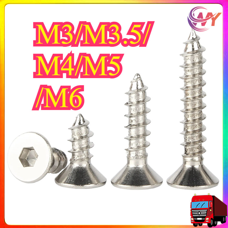 สกรูแตะตัวเองหกเหลี่ยมหัวแบนชุบนิกเกิลสกรูไม้หัวจม M3/M3.5/M4/M5/M6 * L6-50 มม.WY-MB