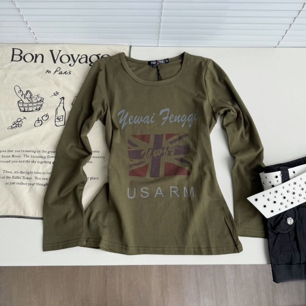 6850#ty2k复古千禧辣妹国旗恤长袖美式上衣圆领vintage风 7UEI