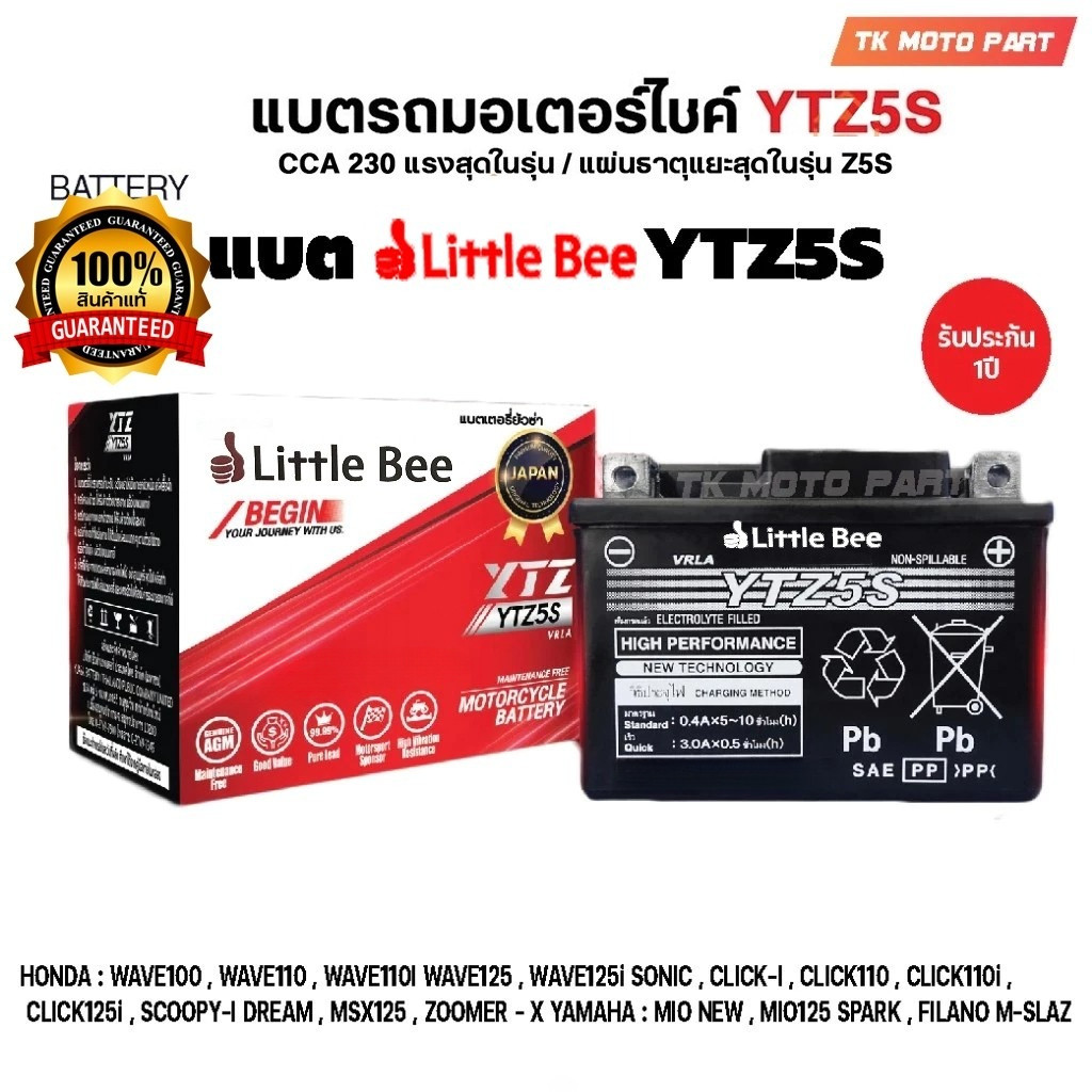 รับประกัน 1 ปี แอมป์ YTZ5s12v5ah เวฟ110i YTZ5S 5แอมป์ แบตแห้ง wave dream click msx scoopy zoomer fino