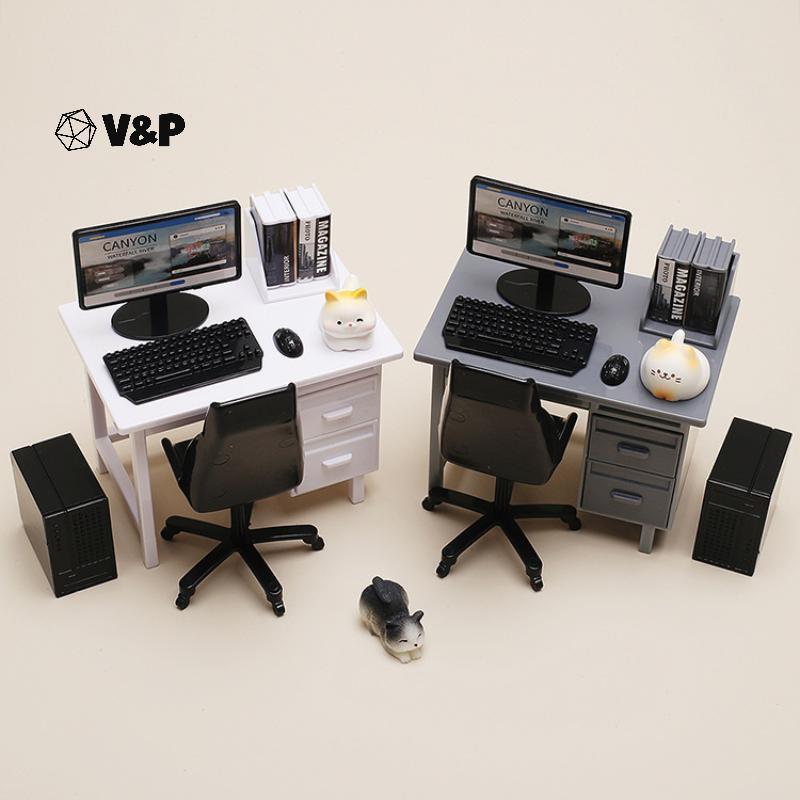 V & P 1 ชุด 1/12 Scale Dollhouse Miniature เฟอร์นิเจอร์ชุดพร้อมคีย์บอร์ดโต๊ะเก้าอี้ Miniature ฉากชุด
