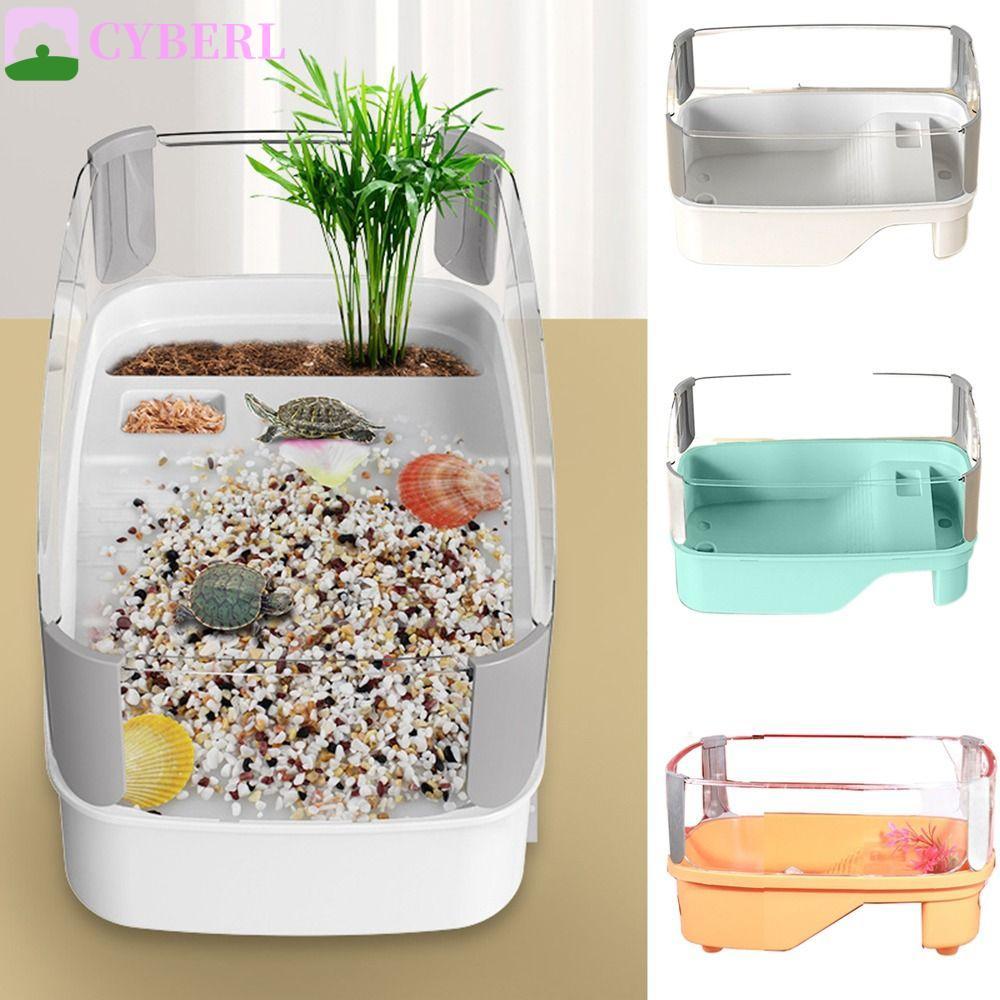 CYBERLINX Turtle Tank, Bask Platform Bottom Drain Turtle House, ทนทาน Multi-function Area รั้วสูงควา