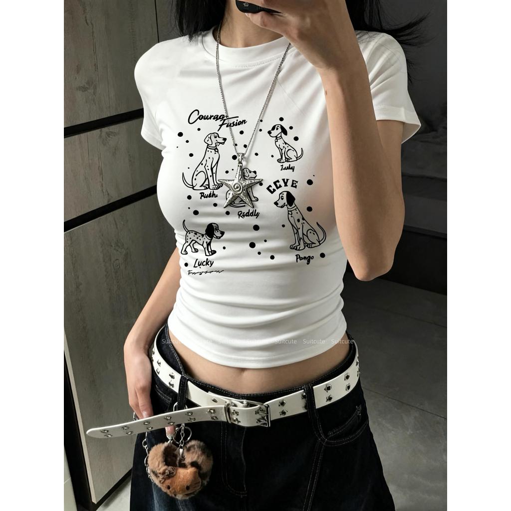 Suitcute D015 เสื้อยืดลูกสุนัข สีขาว สไตล์ 90s เหมาะสําหรับผู้หญิง
