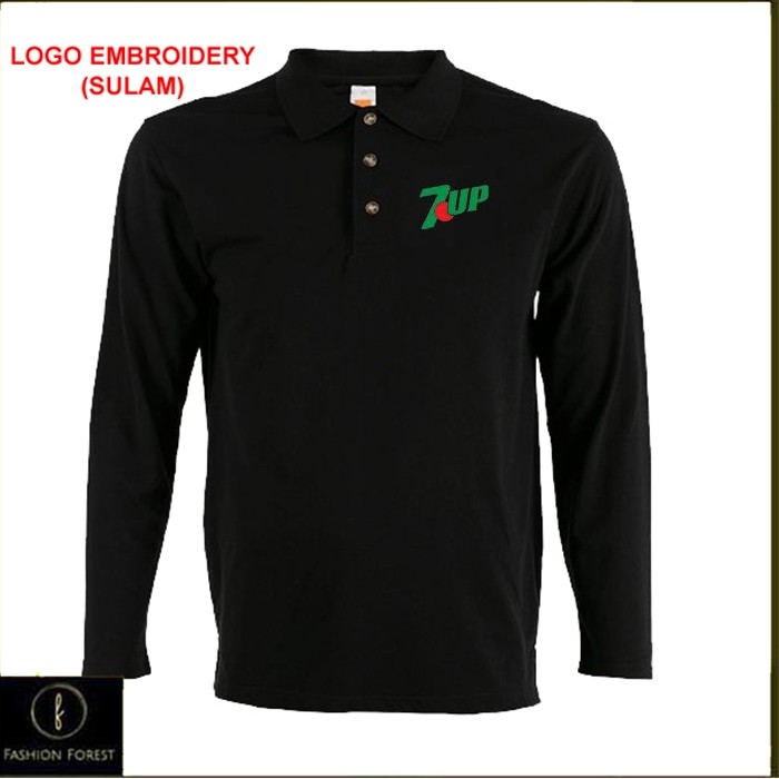 Cotton Lengan Long Sleeve collar T Shirt Logo เย็บปักถักร้อย Sulam 7UP DRINKING SOFT DRINK
