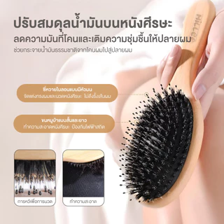 【Hillee ของแท้】หวีไม้ขนหมูป่า แปรงหวีขนหมูป่า ไม่เจ็บหนังศีรษะ นวดศีรษะ บำรุงหนังศรีษะ ทำให้เส้นผมเรียบเนียน