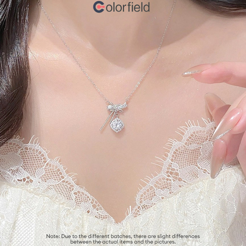 Colorfield สร้อยคอจี้รูปน้ำตาลทรงสี่เหลี่ยม ดีไซน์โบว์ไม่สม่ำเสมอ ระยิบระยับ หรูหรา เหมาะสำหรับผู้หญิง-COD💖 - รูปที่ 2