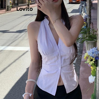 Lovito เสื้อลําลองปุ่มเรขาคณิตจีบฤดูร้อน/ฤดูใบไม้ผลิเสื้อกล้…