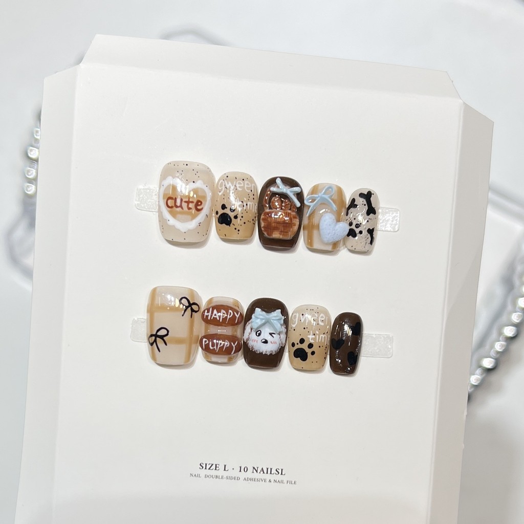 Dereisen [Caramel Rice Ball] Cute Style Pinch Hand-Painted Nails Handmade Wear Nails Letters Fake Na