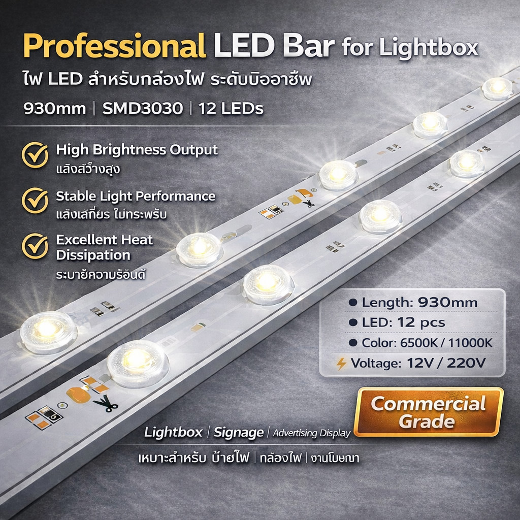 ไฟ LED ตู้โชว์ ตู้ไฟ 930mm
แสงแรง SMD3030 12LED 12V/220V กันน้ำ