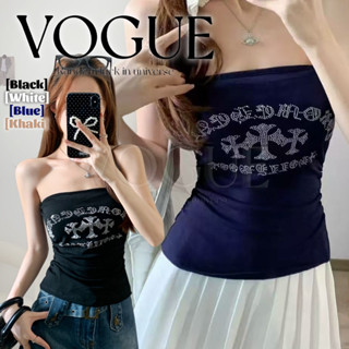 Vogue🌟พร้อมส่ง🌟 เสื้อยืดเกาะอก  ดีเทลสกรีนแต่งเพรชเก๋ๆ มีฟอง…