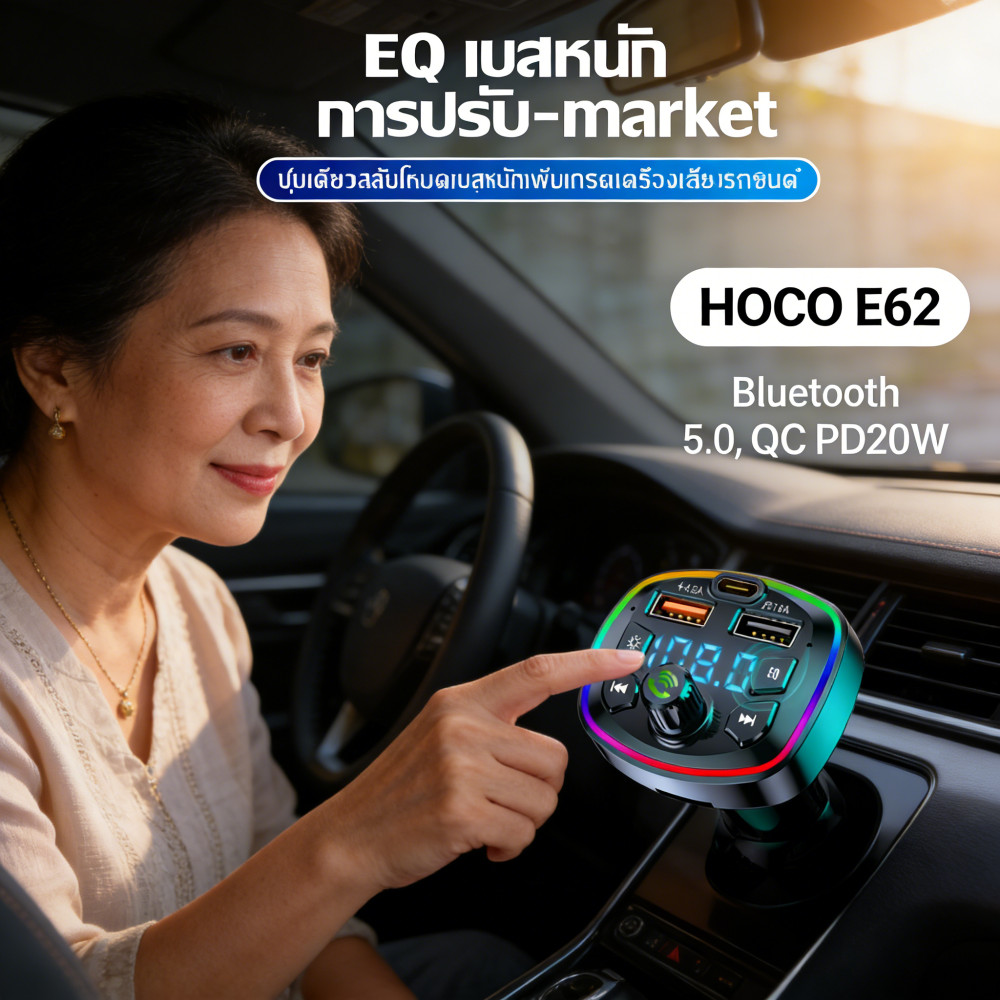 8Q Hoco E62 20W PD Bluetooth5.0 FM Transmitter LED + display 3.0 QC ซี้ต์รถ