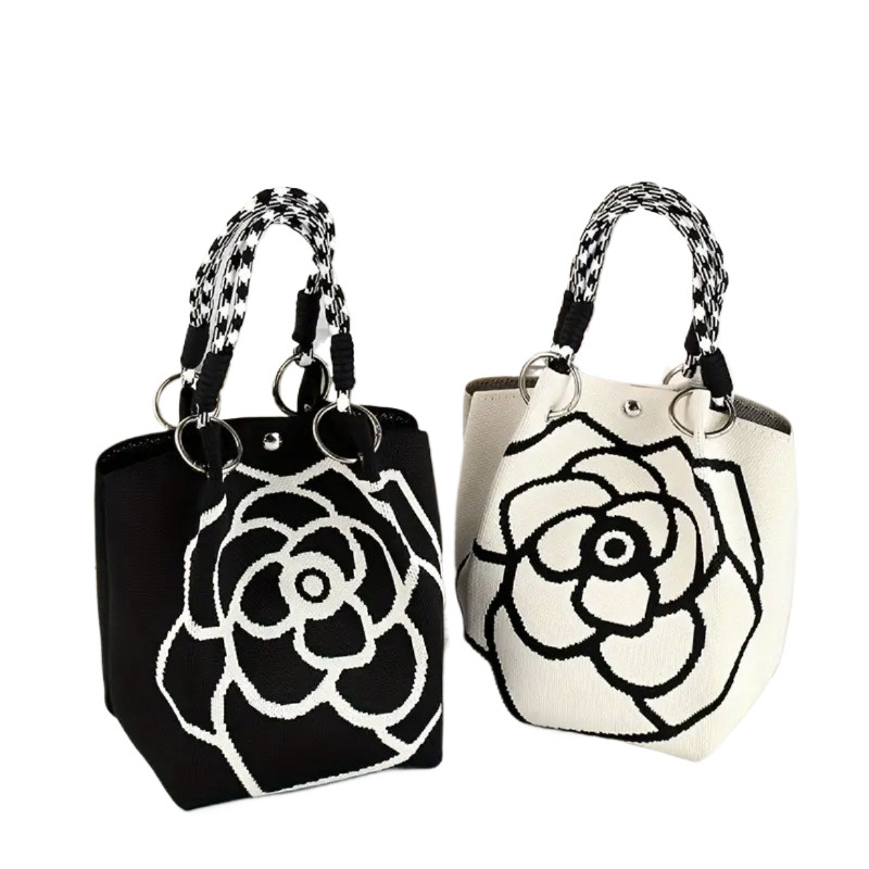 กระเป๋าถักลายแคเมเลีย สไตล์เกาหลีญี่ปุ่น ขนาดใหญ่ สะพายได้หลายโอกาส พกพาสะดวกสำหรับวันทำงานและวันหยุด