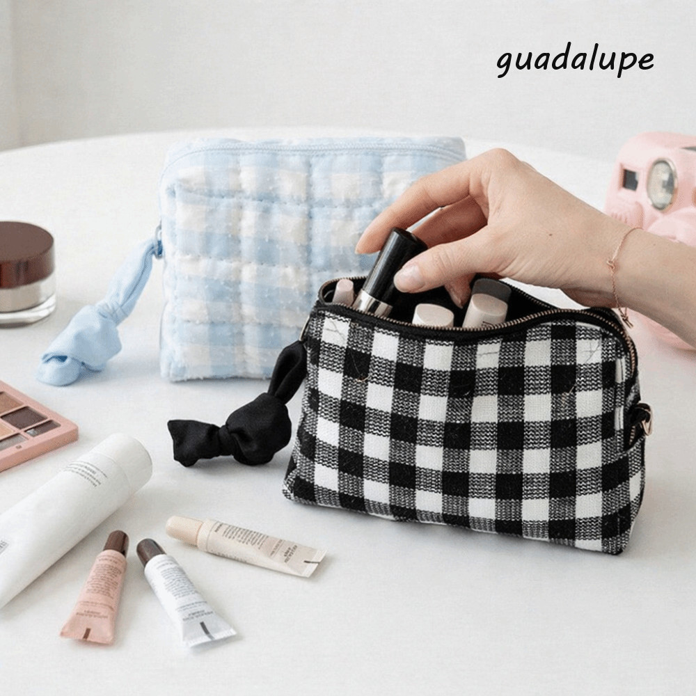 GUADALUPE1 กระเป๋าเครื่องสําอางลายตารางหมากรุกกระเป๋าแต่งหน้าความจุขนาดใหญ่, กระเป๋าล้าง สไตล์เกาหลี