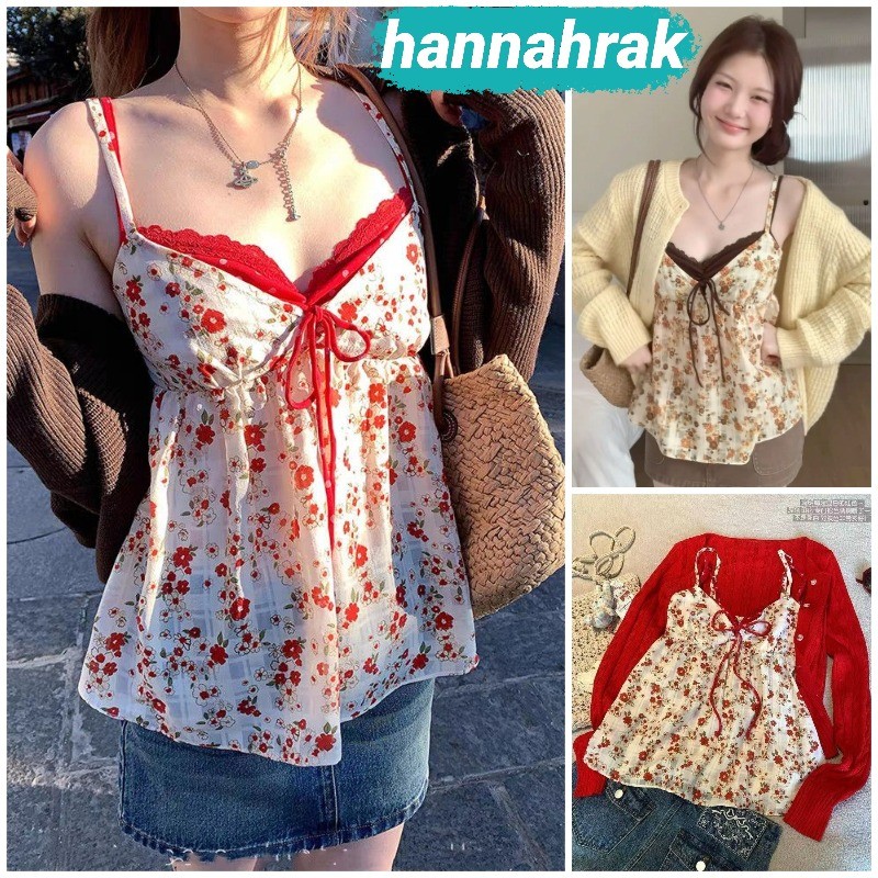 (ส่งจากกรุงเทพฯ)เสื้อกล้าม ปลอม 2 ชิ้น แต่งลูกไม้ผูกโบว์ ลายดอกไม้ สไตล์วินเทจหวานๆ เหมาะที่จะใส่ได้ทุกวัน เสื้อฮาวาย
