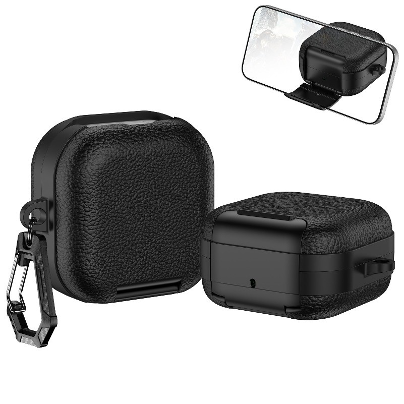 การออกแบบพื้นผิวหนังสําหรับเคส Galaxy Buds 4 Pro / Galaxy Buds 4 ใหม่ (2026), ที่วางโทรศัพท์ Secure Lock กันกระแทกสําหรับหูฟัง Samsung พร้อมคาราบิเนอร์, ชาร์จไร้สาย