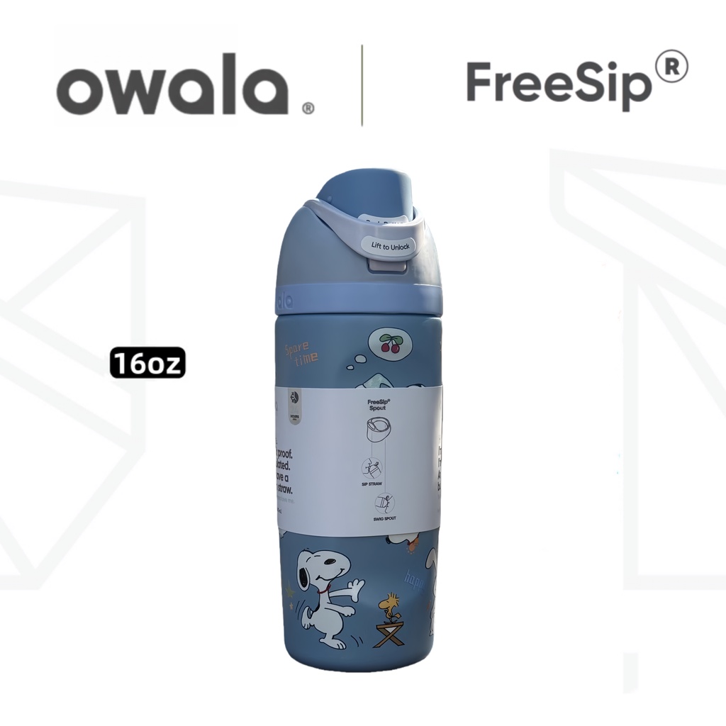 Owala Freesip Kids Water Bottle 16oz - ขวดฟางหุ้มฉนวนสแตนเลส, ฝาปิดป้องกันการรั่วพร้อมที่จับพกพาง่ายสําหรับโรงเรียน, กีฬาและการเดินทาง