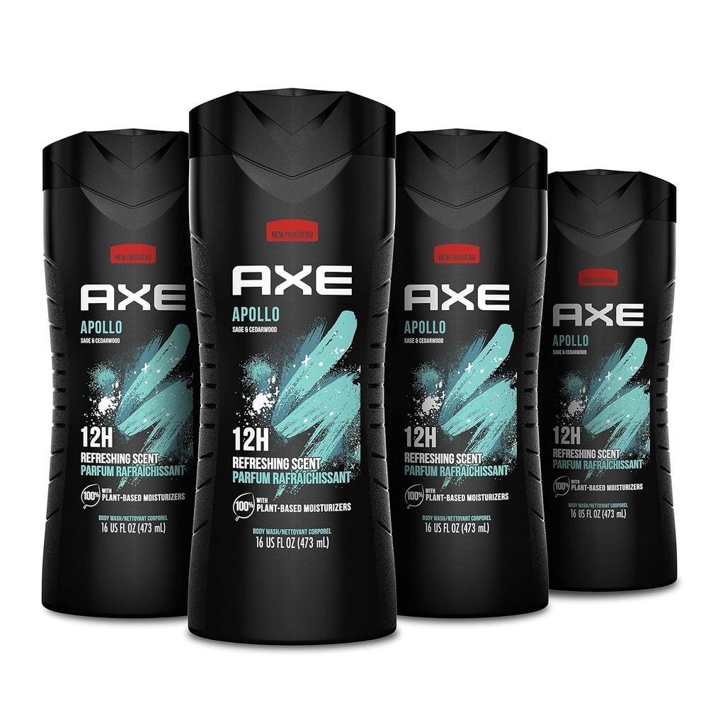 เจลอาบน้ําผู้ชาย AXE Apollo (4 ขวด) กลิ่นหอมสดชื่นยาวนาน Sage และ Cedar บรรจุพรีไบโอติกระงับกลิ่นกาย