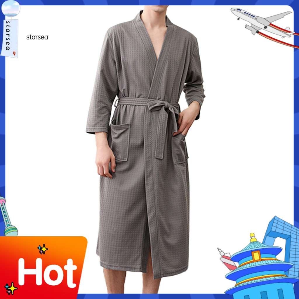 SRA ZK ผู้ชายเสื้อคลุมอาบน้ําสีทึบ V คอคาร์ดิแกนการดูดซึมน้ํา Oversize ชายชุดนอนสําหรับ Home