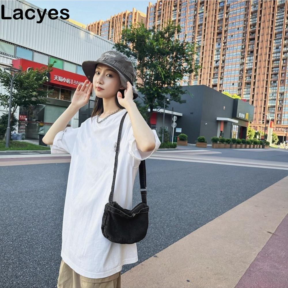 LACYES กระเป๋าสะพายยีนส์, Magnetic Vintage Cowboy Hobo Bag, All-Match Zipper โพลีเอสเตอร์สไตล์เกาหลีผ้าสีฟ้ากระเป๋าสะพายข้างทุกวัน