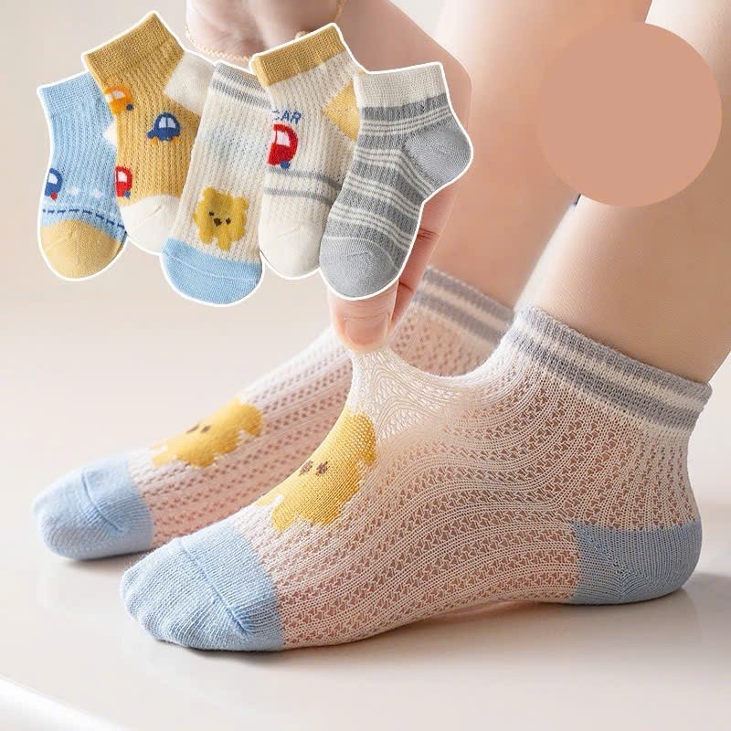 ชุดถุงเท้าลายรถตาข่ายบาง 5 คู่สําหรับเด็กชายและเด็กหญิง KYS+ ผ้าฝ้ายนุ่มคอปกสั้น