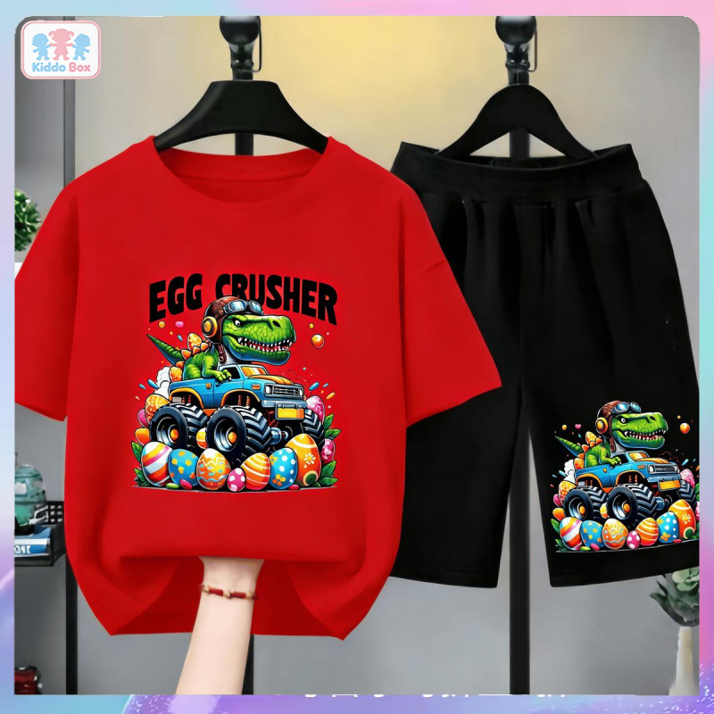 ชุดเด็ก 2 ชิ้น ลายไดโนเสาร์ Egg Crusher | เสื้อยืด + กางเกงขาสั้น | สไตล์เท่ห์ | ชุดเด็กฮิตใน