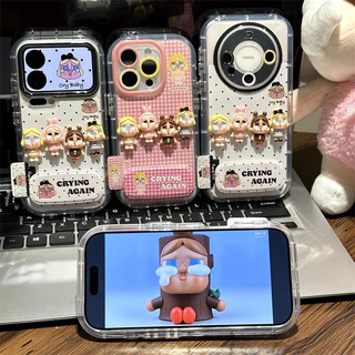 เคส TPU สําหรับเด็ก 3D ร้องไห้ | กันฝุ่นกันกระแทกพร้อมขาตั้งกระจกสําหรับ ไอโฟน 17 16 15 14 13 12 11 มือโปร โปรแม็กซ์ | เคสโทรศัพท์น่ารักความงามสําหรับเด็กผู้หญิง