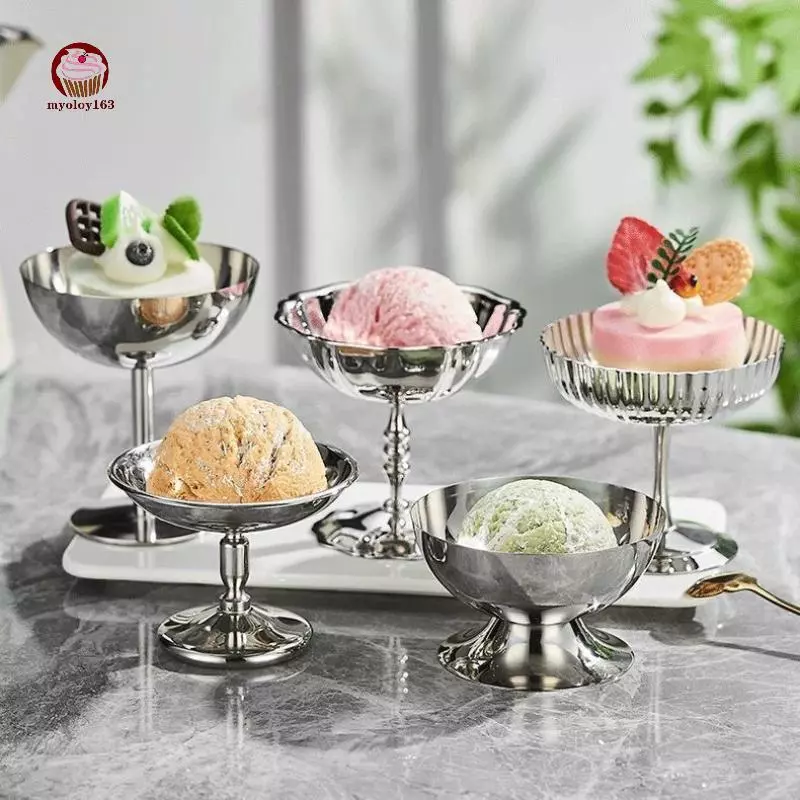 Myoloy ชามสลัดสแตนเลสเกรดอาหารถ้วยไอศกรีม Goblet Retro ชามขนมผลไม้โยเกิร์ต Sna ชามในครัวเรือนครัวเครื่องมือ TH