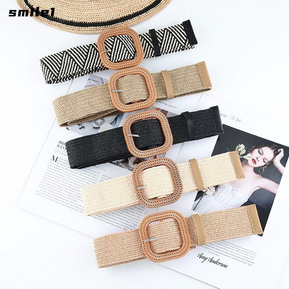 SMILE เข็มขัดฟาง Bohemian Elastic Fashion Braided Waistbelt