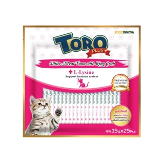 Toro Toro Plus โทโร่ พลัส ขนมแมวเลีย สูตรทูน่าเนื้อขาว หอมอร่อย แมวชอบ แมวเลีย ขนาด 15g x 25 ซอง