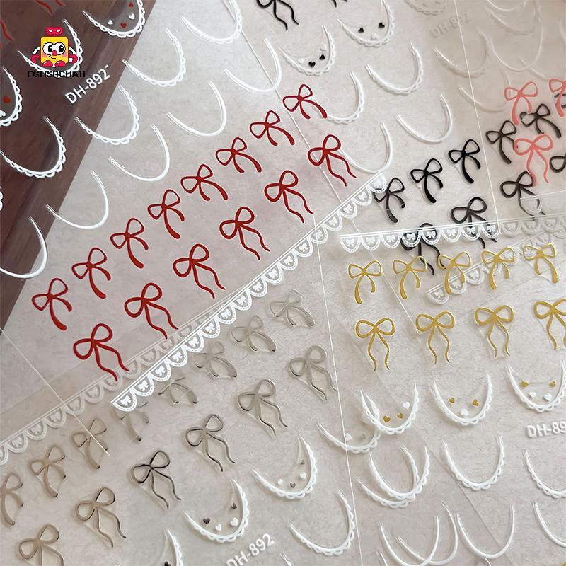 FG 1 แผ่นภาษาฝรั่งเศสคํา Bowknot ผ้าไหมริบบิ้นเล็บ Stier ลูกไม้ Elegant Line Soft Self กาวตกแต่งเล็บ Decal HS