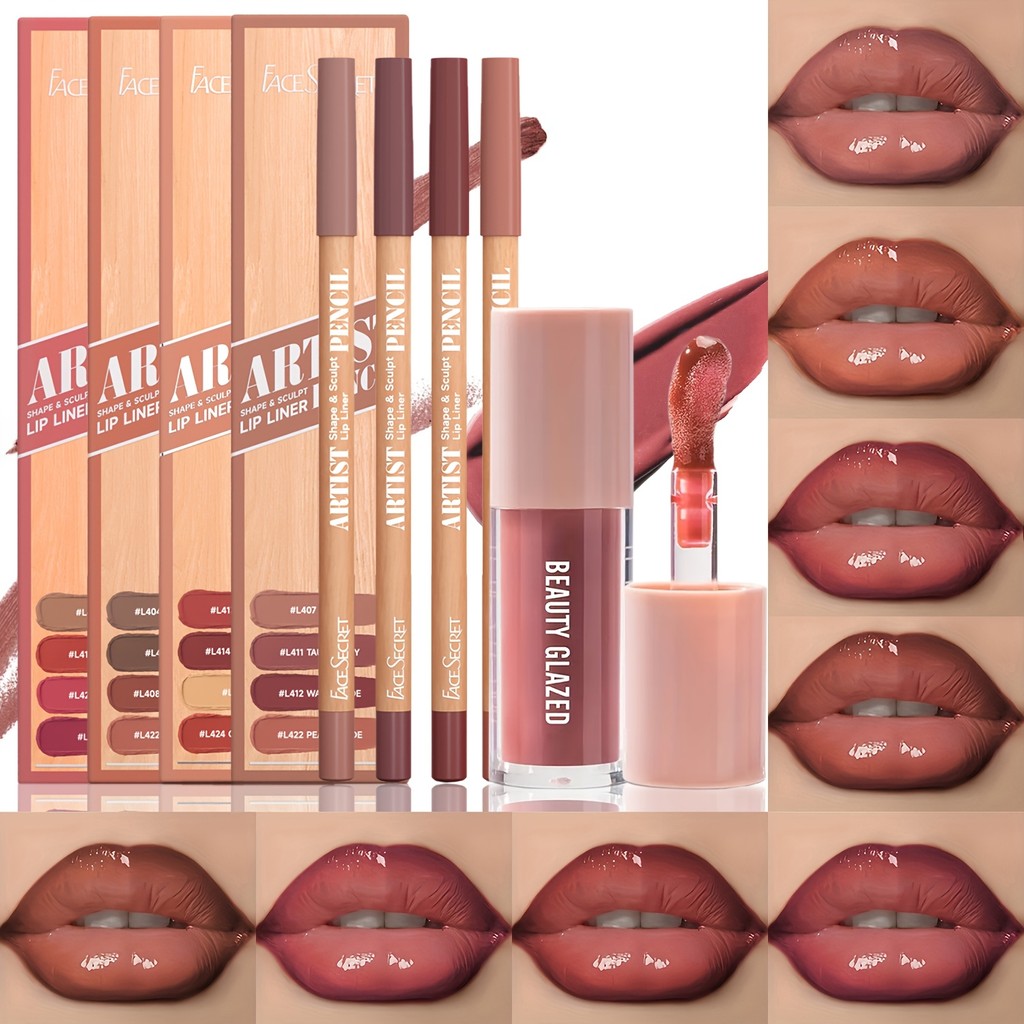 BEAUTY GLAZED 5 ชิ้น Lip Makeup Set: 4 Matte Lip Liners (, Nude, Berry, Neutral Tones) + Hydrating L
