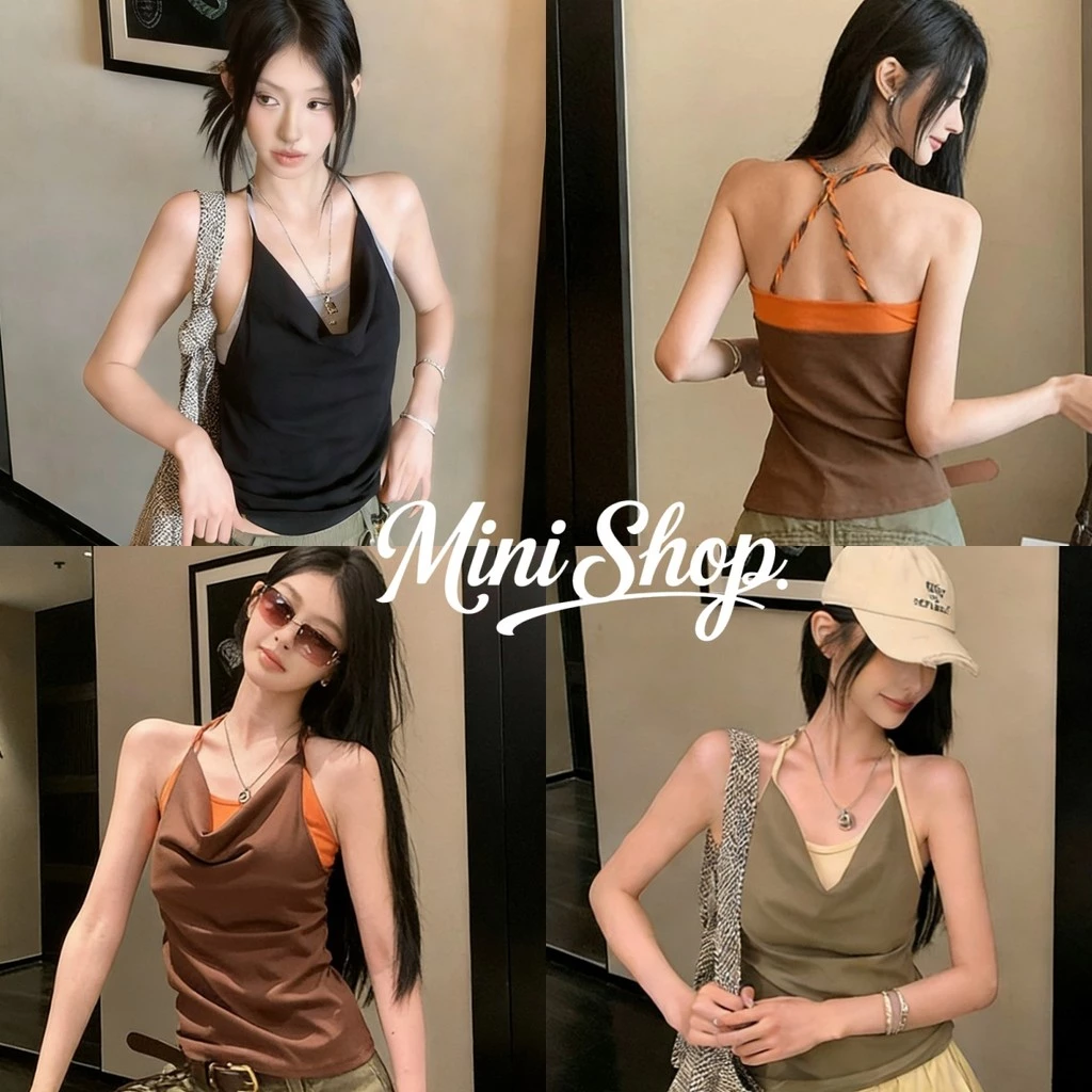 Mini shop🌸พร้อมส่ง🌸 (FY6187)เสื้อคล้องคอ ผ้านุ่มลื่น ดีเทลผ้าตก เสริมฟองน้ำ ใส่สบายเหมาะหน้าร้อน