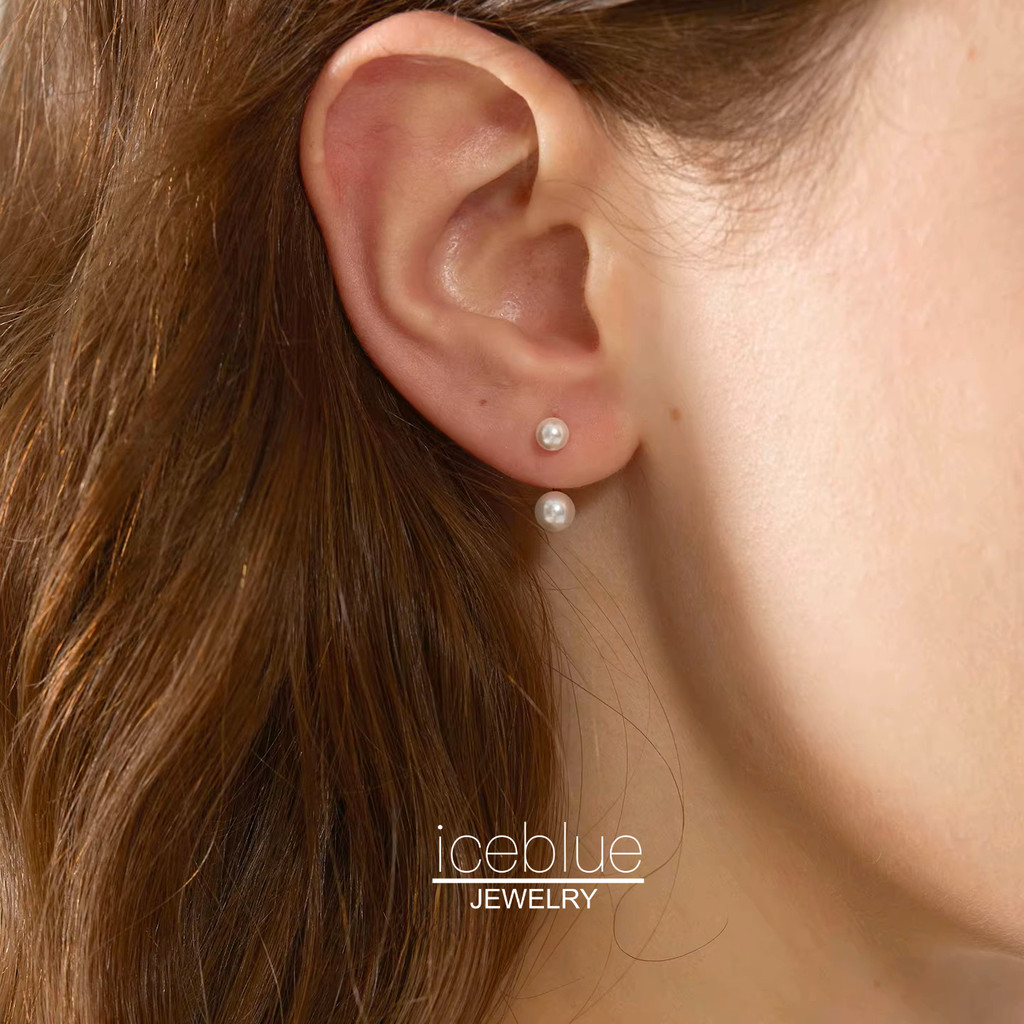 Iceblue-18K Gold Plated สไตล์ฝรั่งเศส Mini Pearl Stud ต่างหู Dual-Wear Back-แขวน Simple All Match สําหรับผู้หญิง E161
