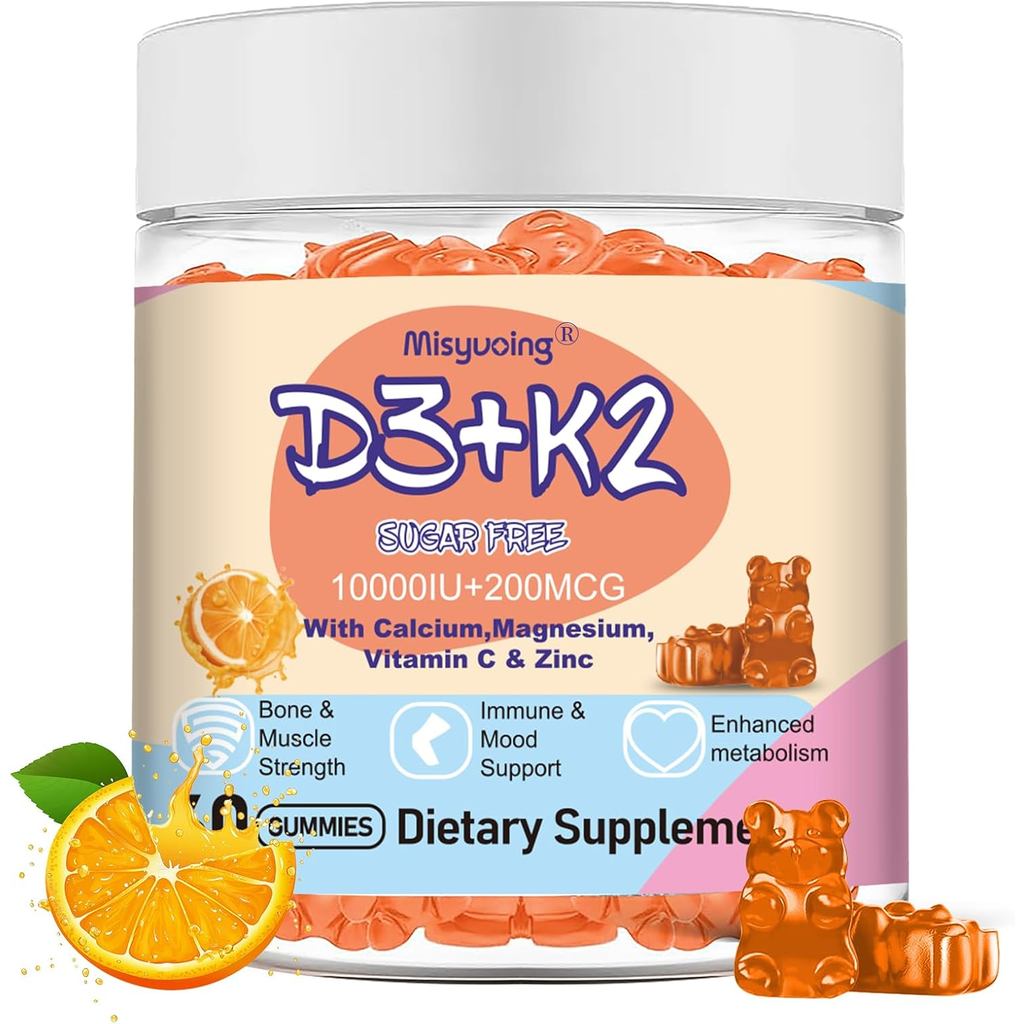 Vitamin D3 K2 Sugar-Free Gummies,Vitamin D3 10000 IU with K2 200mcg,VitaminC,Calcium,Magnesium,Zinc,
