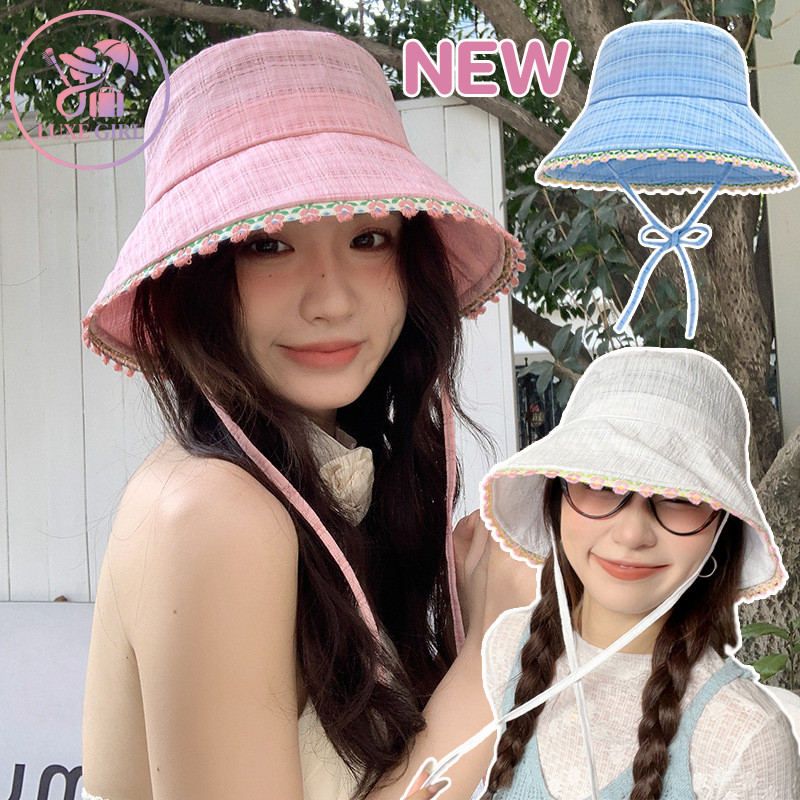 LUXE GIRL หมวกชาวประมง ครีมกันแดด ปีกหมวกขนาดใหญ่ ขอบลูกไม้ดอกไม้ สไตล์ญี่ปุ่น น่ารักสุดๆ พับได้