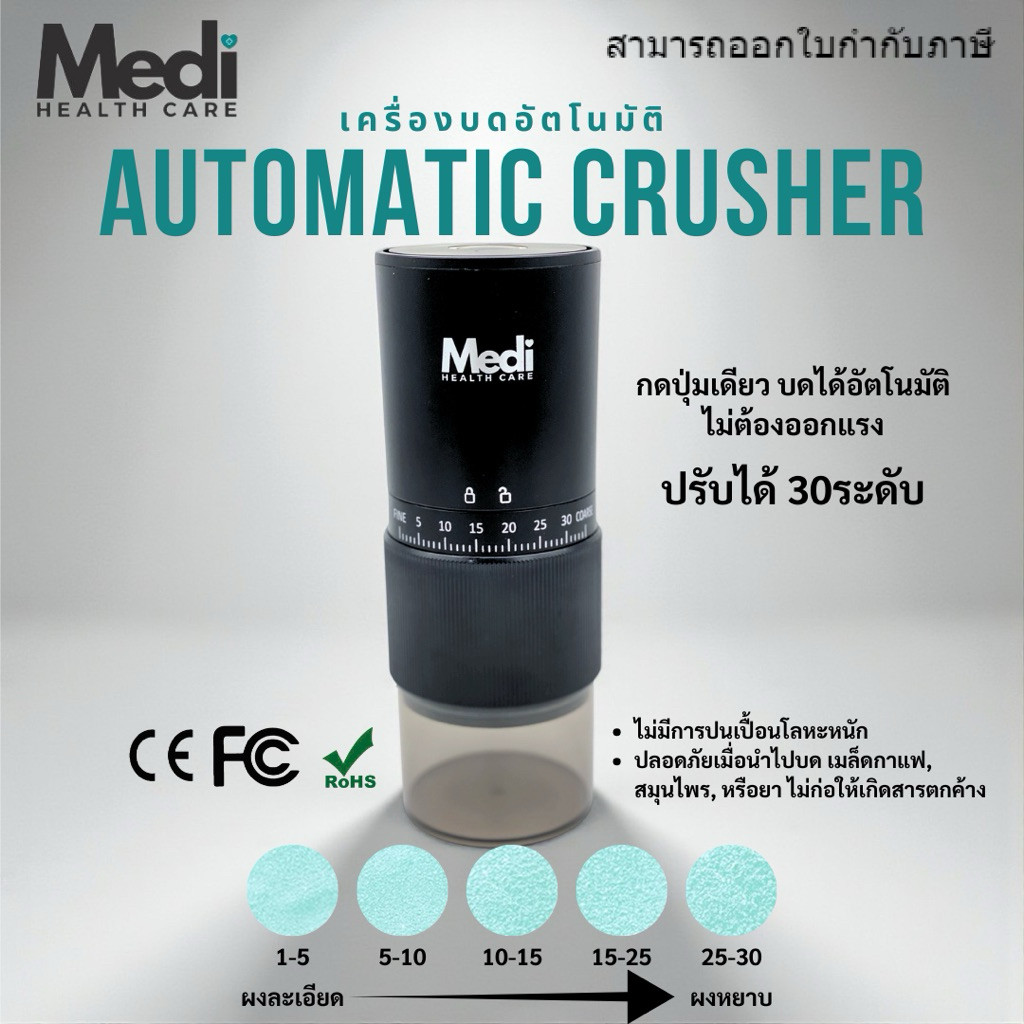 Medi ที่บดยาอัตโนมัติ ปรับความละเอียดได้ 30 ระดับ ใช้ง่ายในปุ่มเดียว บดได้ทั้งกาแฟ สมุนไพร ยา อาหาร
