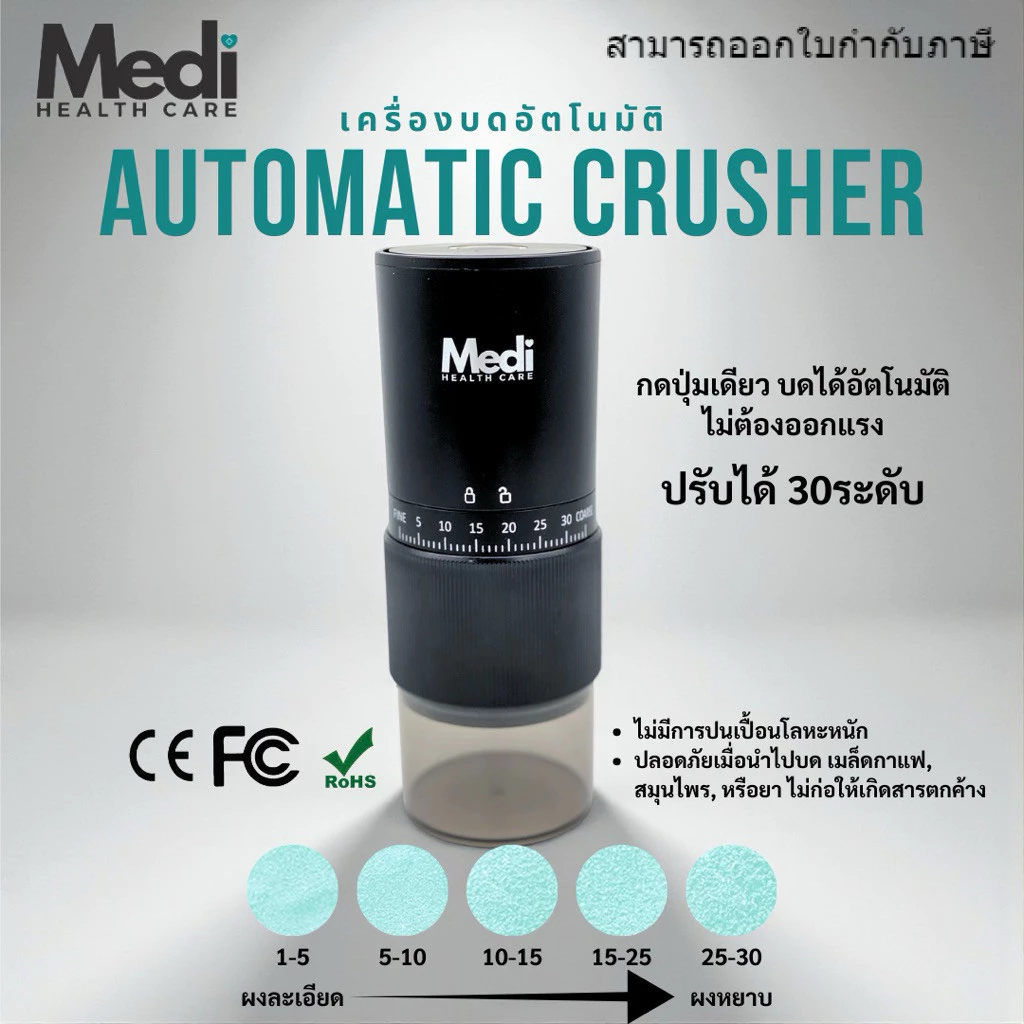 Medi ที่บดยาอัตโนมัติ ปรับความละเอียดได้ 30 ระดับ ใช้ง่ายในปุ่มเดียว บดได้ทั้งกาแฟ สมุนไพร ยา อาหาร
