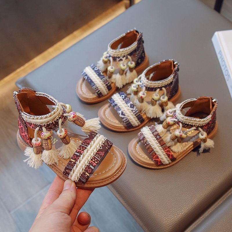 女童民族风凉鞋公主鞋洋气度假罗马鞋2024夏季新款波西米亚沙滩鞋3.18Girls' Ethnic Style Sandals Princess Shoes Fashionable Vacation 