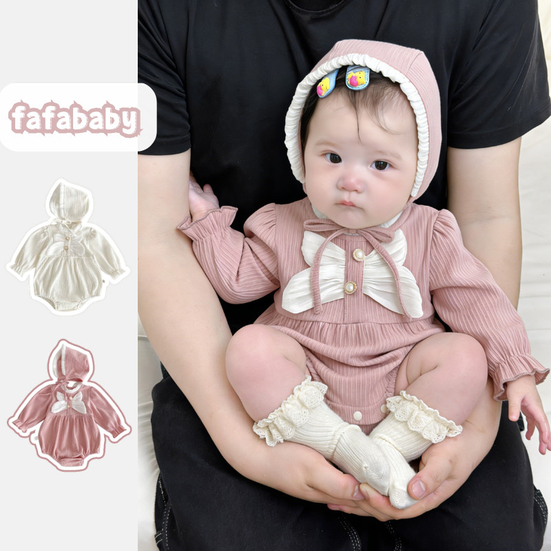 ชุดบอดี้สูทแขนยาวสีชมพูสำหรับเด็กผู้หญิงพร้อมหมวก สำหรับเด็กอายุ 0-24 เดือน