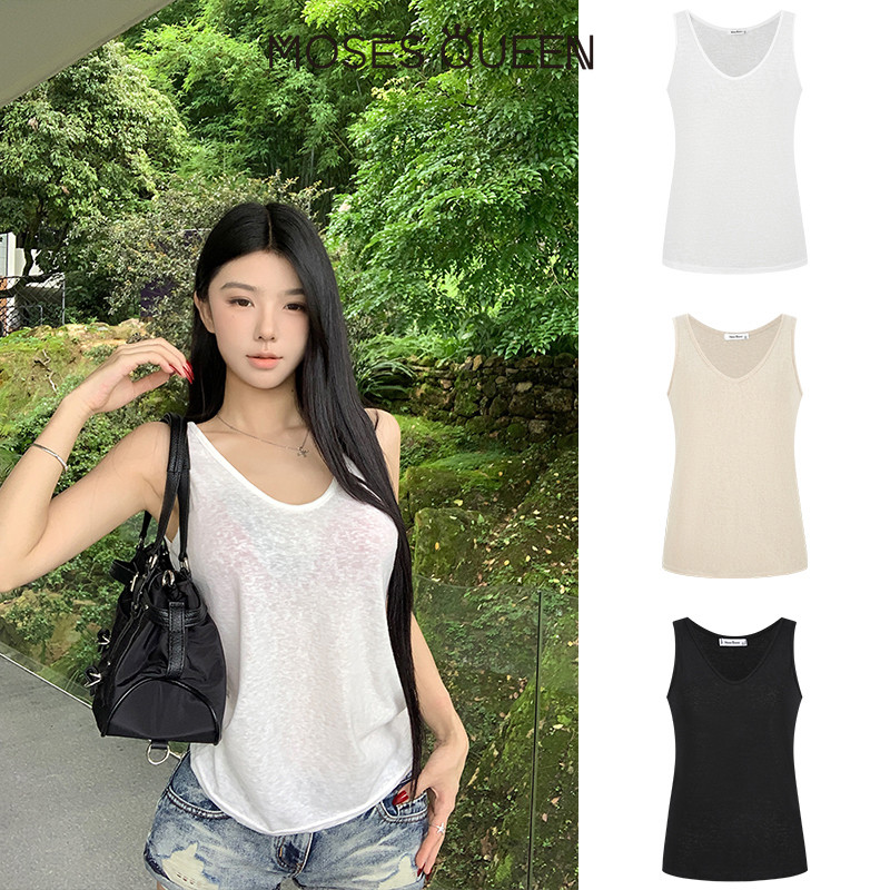 < MOSESQUEEN > เสื้อชั้นในสตรี สีขาวยาวแบบคอวี สำหรับฤดูร้อน ทรงหลวมใส่ง่าย และยังสามารถนำมา layer กับแจ็กเก็ตได้อีกด้วย #62853