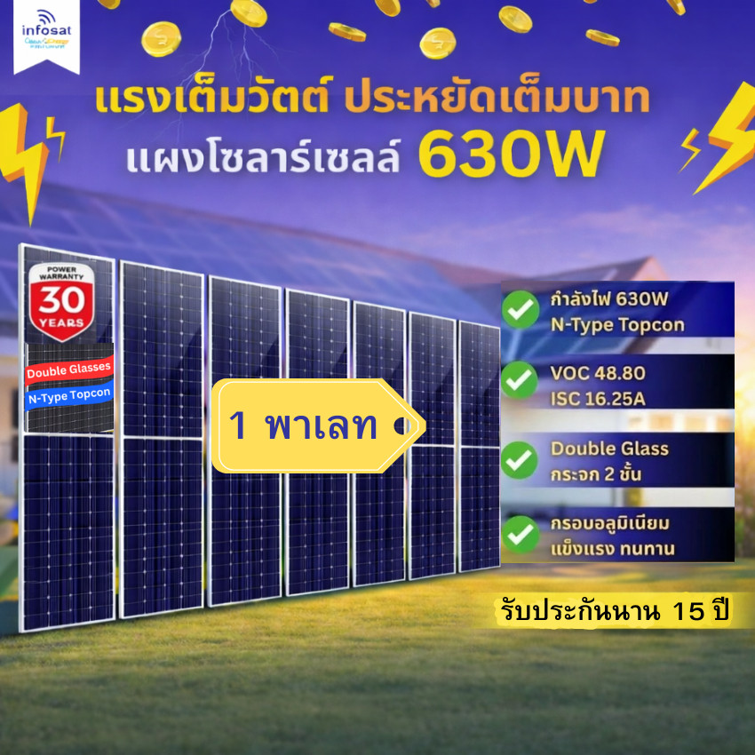 INFOSAT Solar 630W ยกพาเลท รุ่น ERA-630W กระจกสองชั้น เพิ่มกำลังผลิต