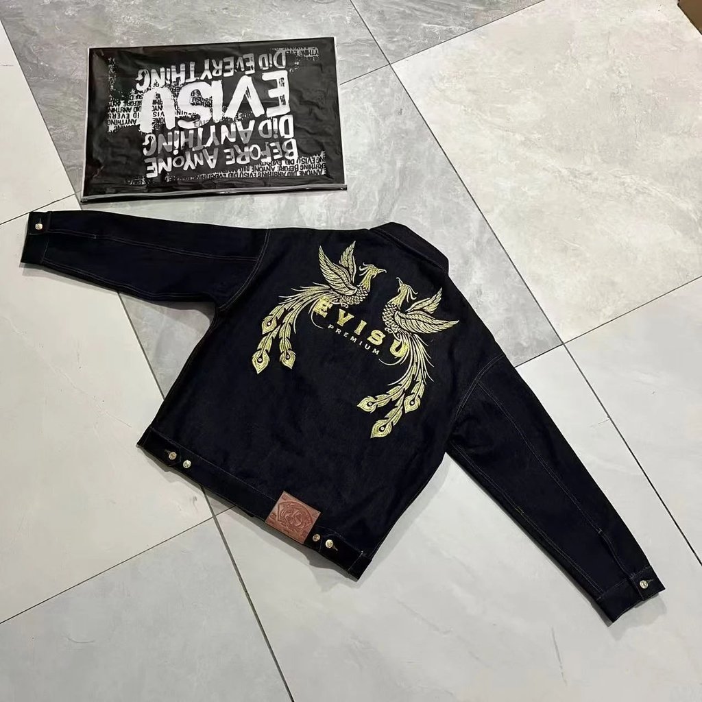 High-End God of Fortune evisu Double Phoenix Denim Jacket ผู้ชายผู้หญิงสไตล์เดียวกันฤดูใบไม้ร่วงฤดูห