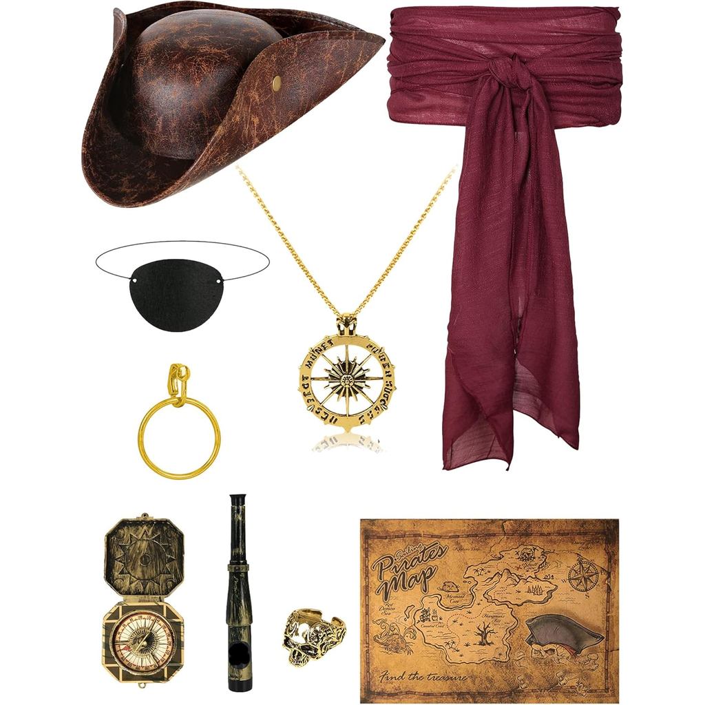 Pirate Tricorn Hat Men & Women Vintage Wrinkle Pirate Hat Set with Eye Patch Necklace Pirate Sash Be