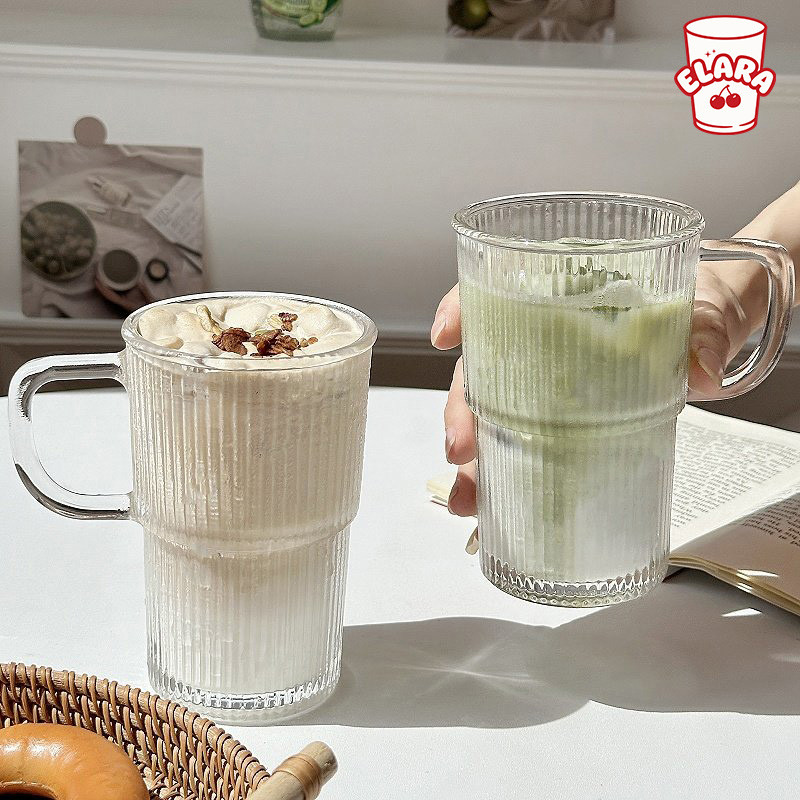 แก้วแก้วใสมีหูจับ 420ml แก้วกาแฟลายริ้ว วางซ้อนกันได้ สไตล์มินิมอล แก้วชา/นม/น้ำผลไม้ ถ่ายรูปสวย