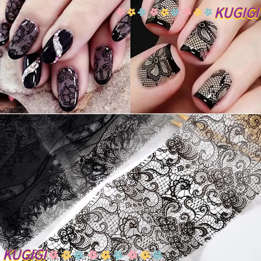 คูจิ สติ๊กเกอร์ติดเล็บ,เสือดาวพิมพ์ลายลายเล็บฟอยล์,มืออาชีพสีดําสีขาวลูกไม้ออกแบบเลื่อมผลโอนกระดาษตกแต่งเล็บ