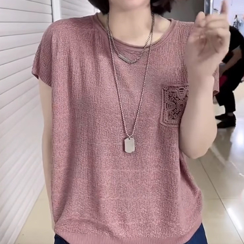 เสื้อถักบางเสื้อผ้าสไตล์ใหม่เสื้อดูหลวม tw2025korea Retro ฤดูร้อนถัก t สไตล์ใหม่รอบคอวรรณกรรมแขนสั้น