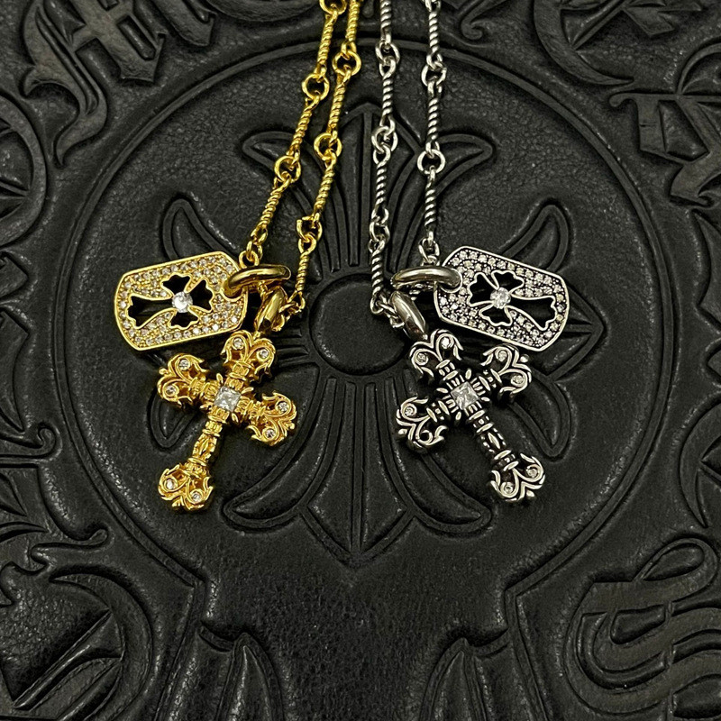 KY8S Chr***rts Sterling Silver Plated22K Gold flame cross pendant with full diamond inlay, vintage-s