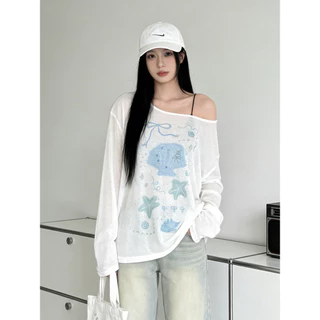 Vogue🌟พร้อมส่ง🌟 เสื้อโอเวอร์ไซส์ แขนยาว ลายท้องทะเล น่ารักๆ สไตล์สาวเกา ใส่ได้หลายแบบ (FY2104#1)