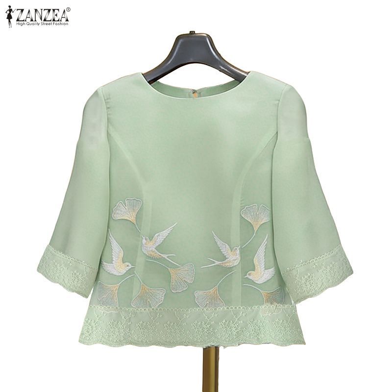 ZANZEA สไตล์เกาหลีสำหรับผู้หญิง เสื้อลูกเรือคอ 3/4 แขนปักลายลูกไม้ ดีไซน์หรูหราและสง่างาม