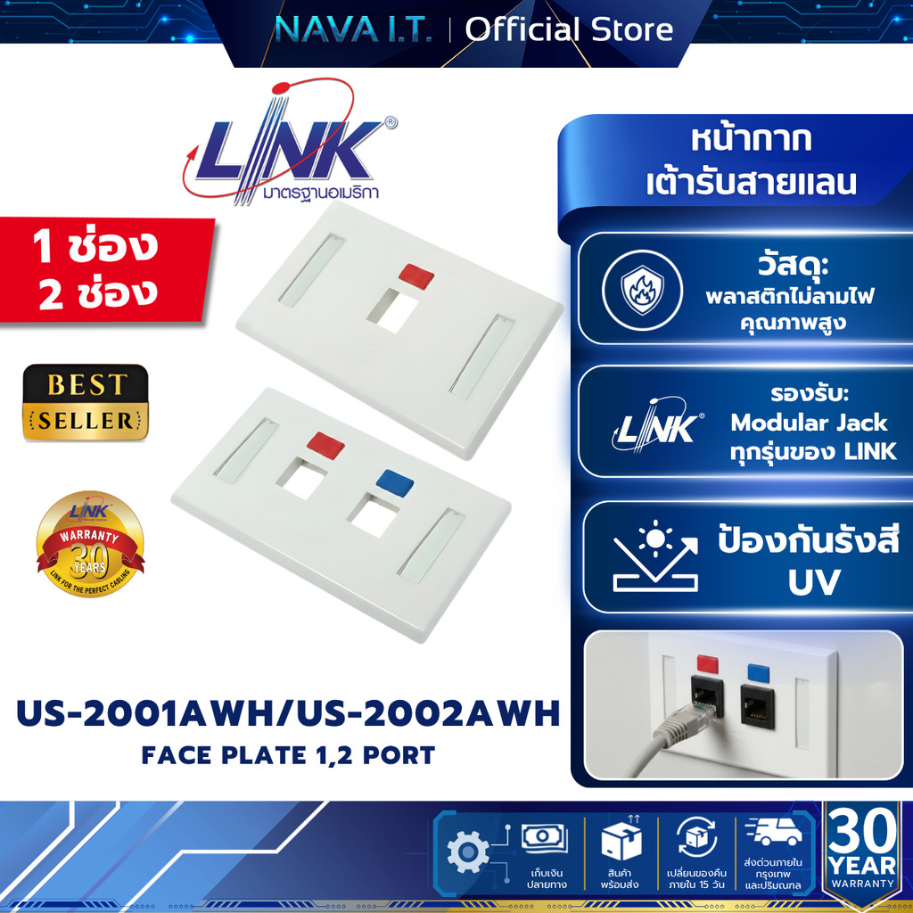 LINK US-2001AWH/US-2002AWH Face Plate 1,2 Port With Icon & Lable ID (สีขาว) รับประกัน 30 ปี